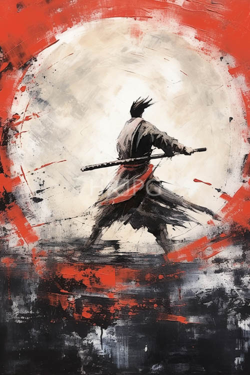 samurai warrior engaged in martial motion against stark white solar disc
