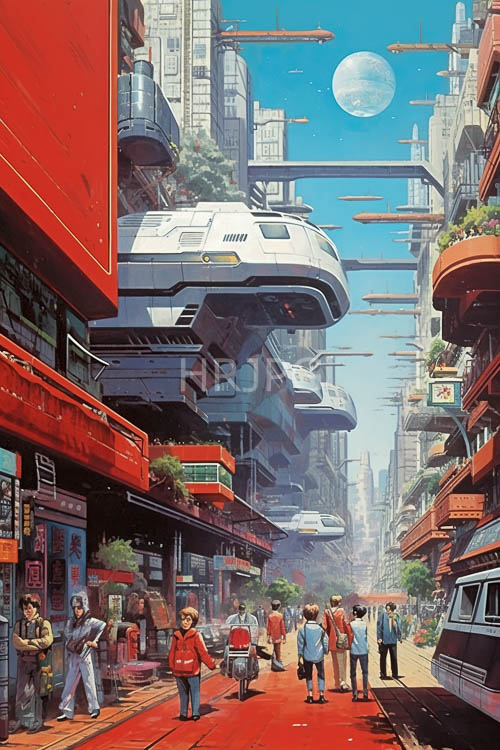 airships fly through blue skies over red detailed city buildings