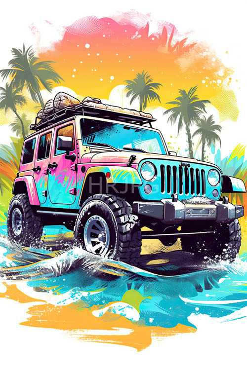 rugged offroad jeeps navigate glistening water amidst tropical sunset splendor