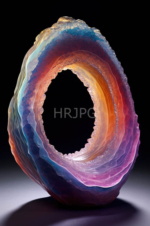 abstract sculpture with textured edges and gradient color hues in a deep black background