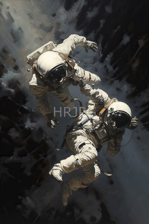 astronauts in pristine white space suits amidst swirling dark clouds of unexplored nebula