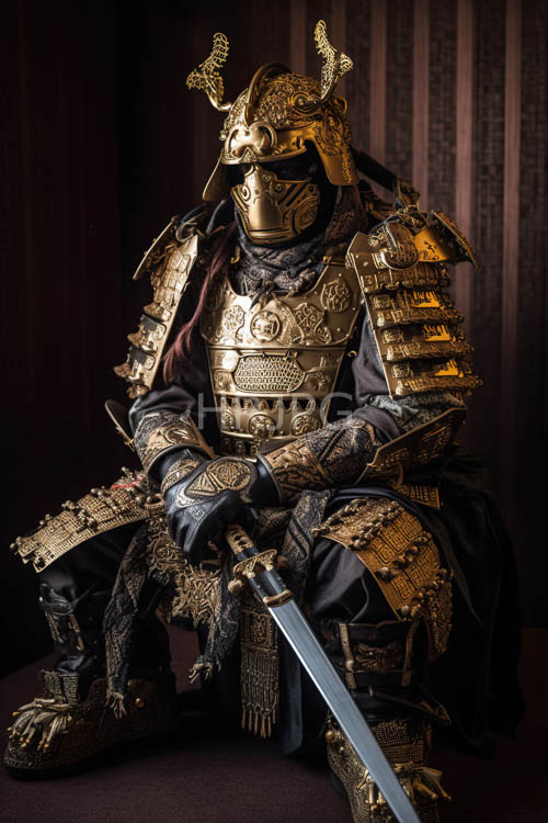 feudal japanese warrior in ornate dragonadorned armor kneeling in majestic repose lit by moody ambient light