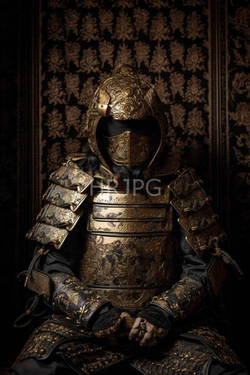 medieval warrior in opulent plate armor amidst gothic dark floral patterns