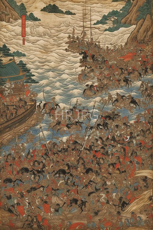 historic naval battle unfolds amidst churning waves in traditional chinese art