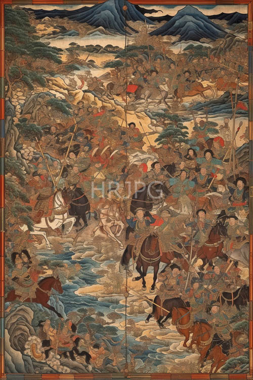 samurai warriors on horseback charge across rocky wilderness landscape under tantalizing morning sunbeams