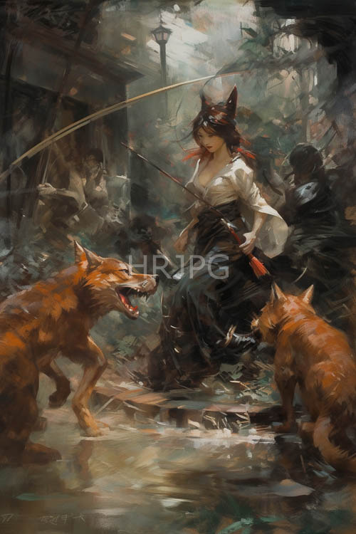 kitsune maiden confronts feral wolves in a whimsical japanese forest landscape at dusk