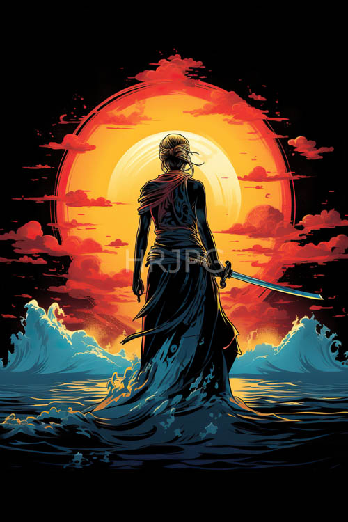 warrior women face oceanic waves during fiery red sunsets