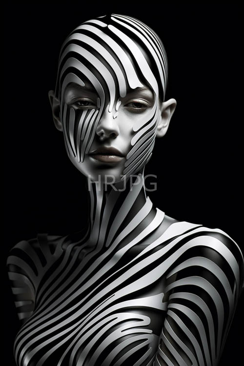 androgynous model transformed by striking zebrastriped cosmetics in pitchblack environment