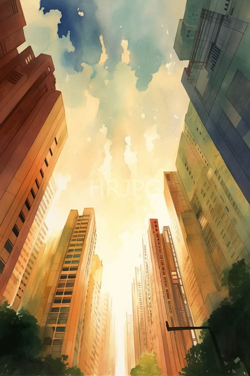 towering architectural giants in modern urban metropolis at sunset color palette