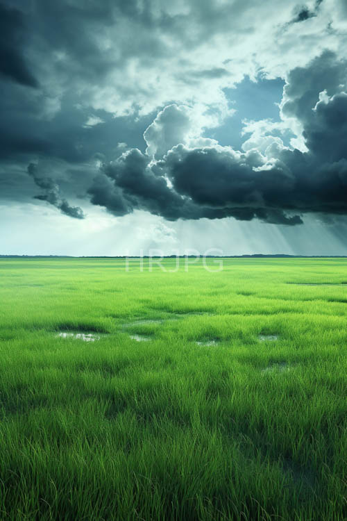 lush grass field under dramatic cloudy skies with gathering storm