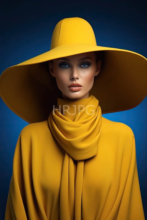 mustardhued elegance unfurls in intricate folds of fabric surrounding a fairskinned woman with piercing blue eyes