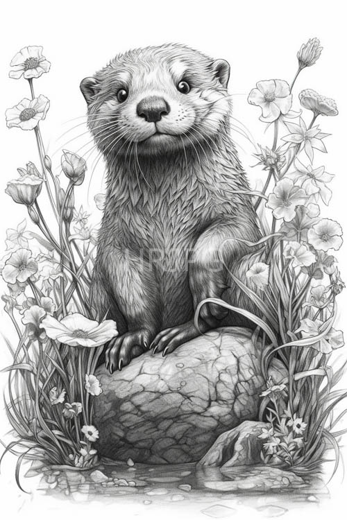riverbank wildlife sanctuary otter perched on textured rock amidst wildflowers and aquatic