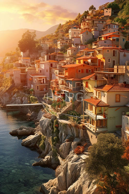 High Resolution: Italian Coastal Village Amidst Dramatic Rocky Cliffs Under Warm Sunset Light download. | HRJPG.com