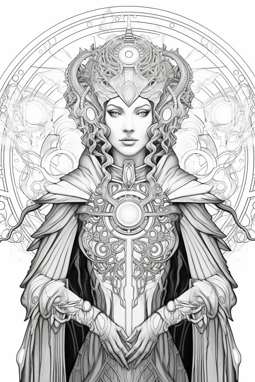 regal woman with intricate armorlike clothing and elaborate headdress in dark fantasy concept art