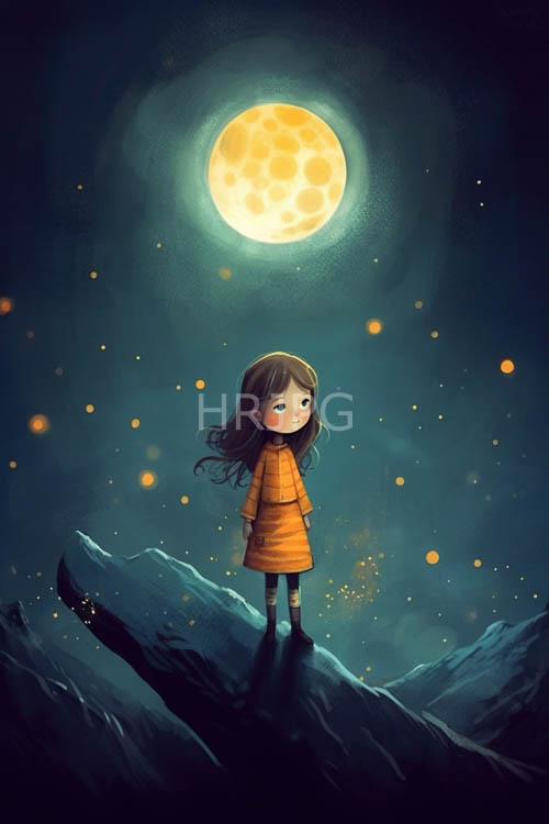oversized orange coat against deep teal background amidst rugged rocky mountains under glowing full moonlight