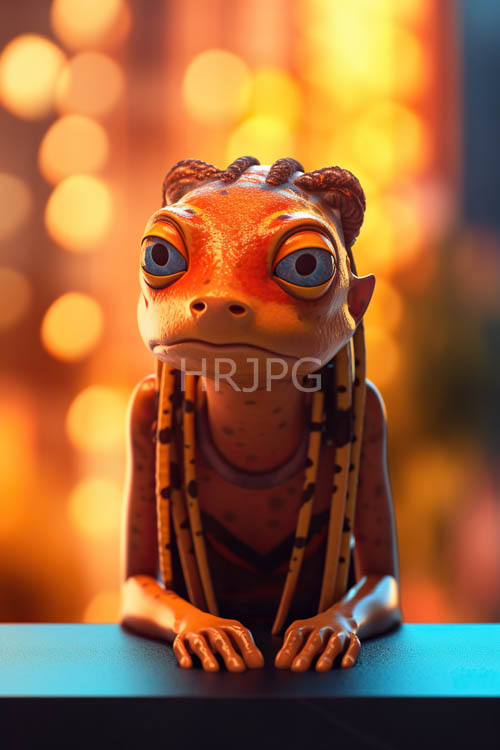 frog characters lean forward showing orange brown textured skin