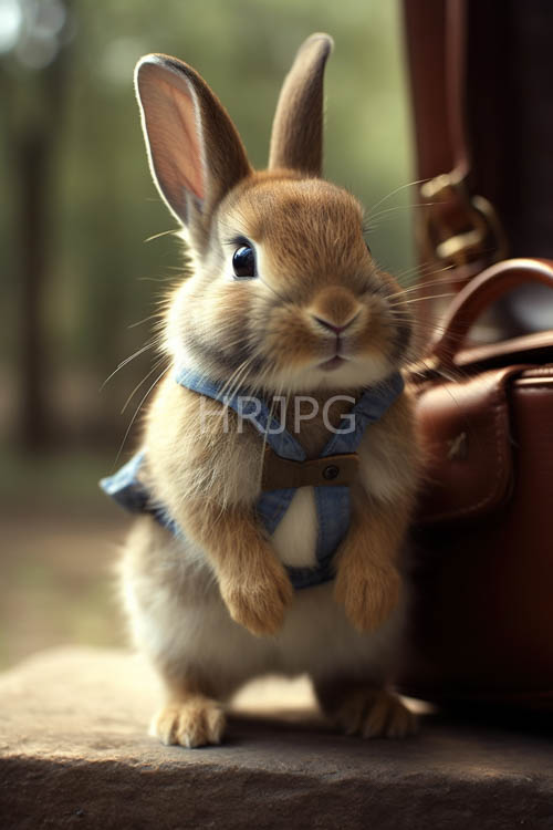 adorable light brown rabbit stands proudly in whimsical miniature denim overalls amidst lush green foliage