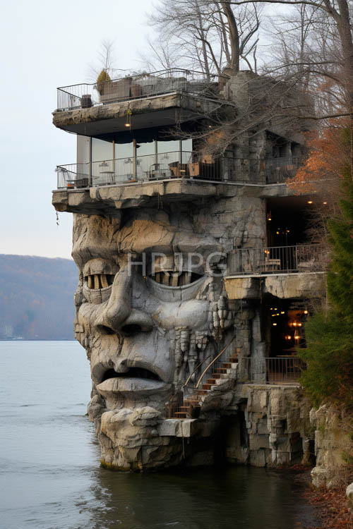 monumental stone face emerges over tranquil water amidst rugged coastal sanctuary and ultramodern luxury real estate