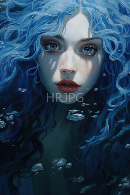 of paleskinned woman submerged in deep underwater realm with contrasting wavy hair