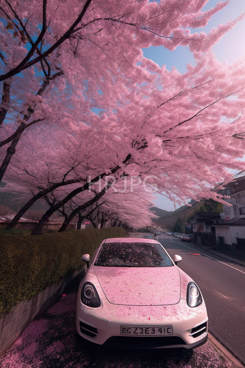 pristine porsche sports car bridging urban elegance with transient spring beauty