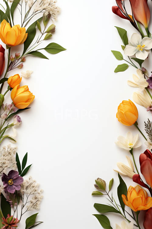 floral border with delicate green leaves and tropical blossoms on pristine white background