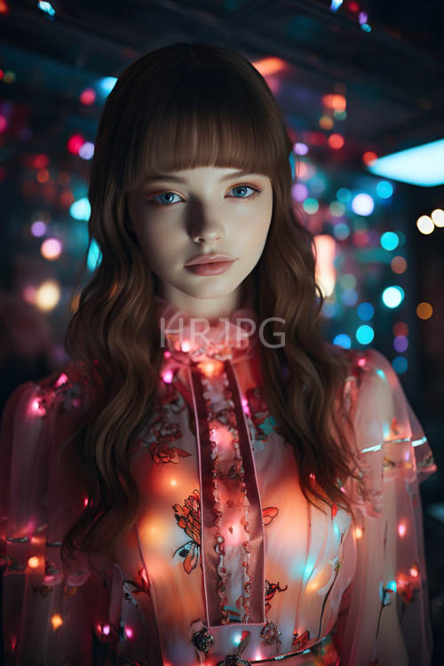 floral dress illuminated by twinkling christmas lights in deep backdrop