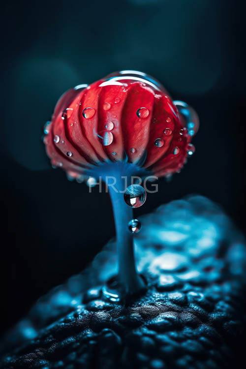 moody crimson petals against deep blue backdrop with delicate sculpture details