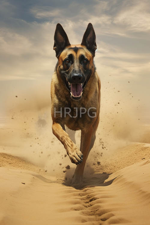 german shepherd charging across sandy terrain with cloudy blue sky