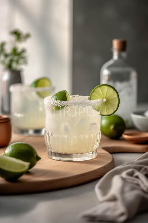 fresh lime margaritas on wooden trays in rustic ceramic vase setting under ambient glow