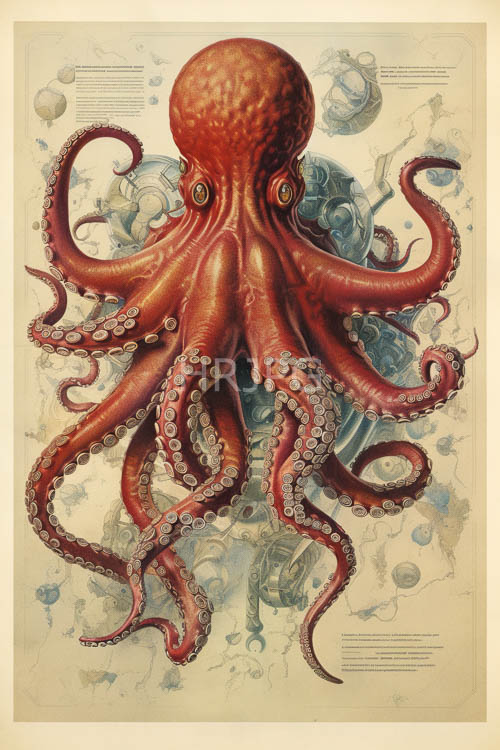 octopus skin textures in intricately rendered red hues dominate this classical