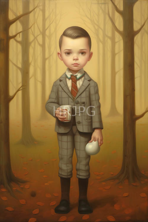 autumn woodland with formal young boy in plaid suit jacket and redstriped tie cradling white teacup