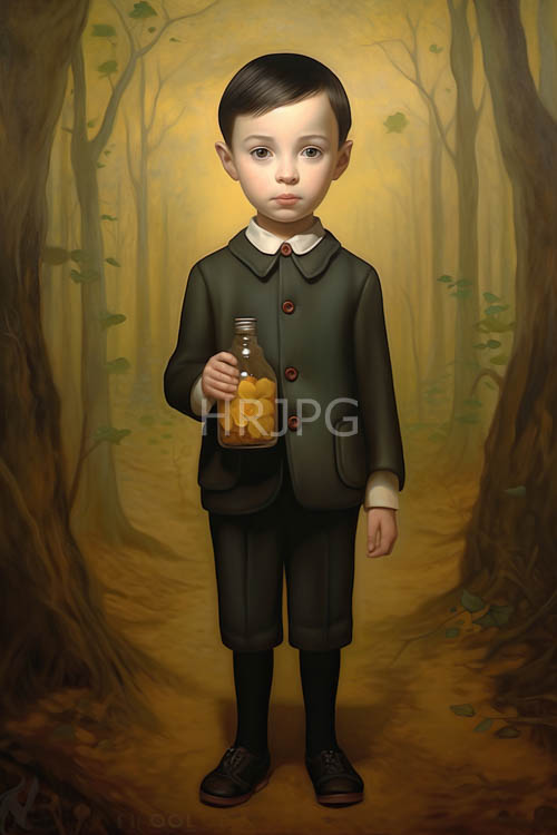 mysterious forest paths lit by glass bottles in hands of enchanted young boys in victorian attire