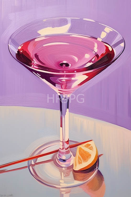 juicy orange and glossy martini glass amidst a moody purple haze