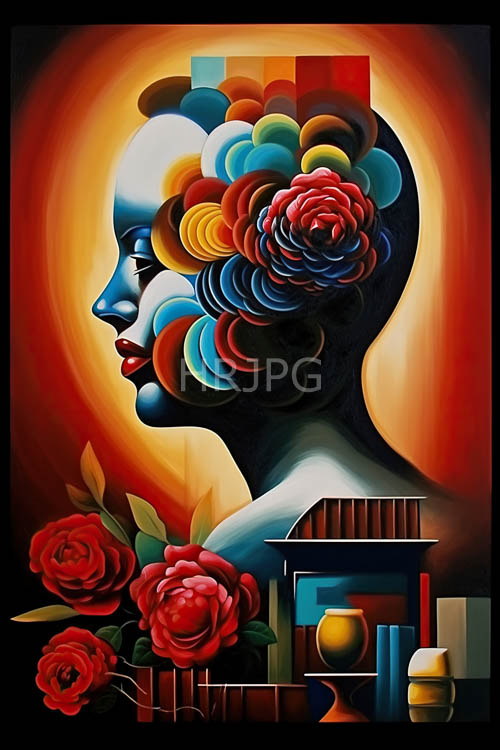 High Resolution: Female Profile Transformed into Geometric Patterns of Abstract Floras and Vibrant Gradient Background download. | HRJPG.com