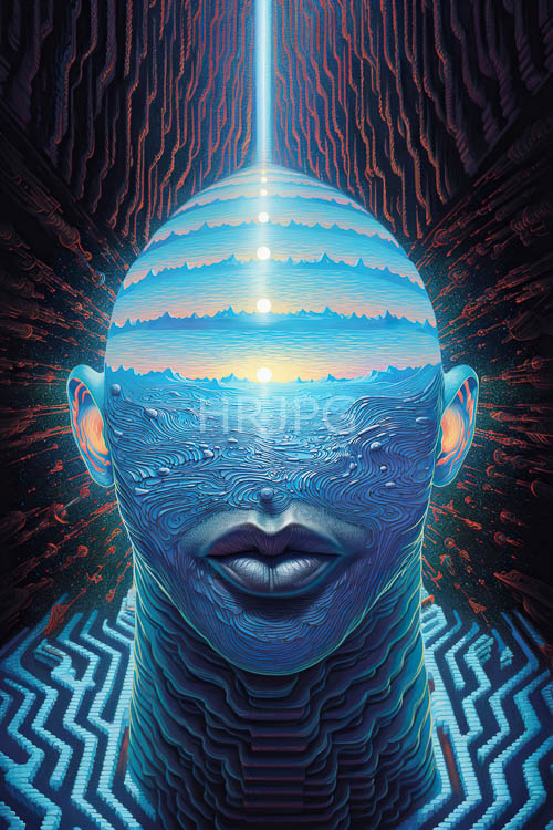 oceanic blue wave patterns wrap around human head profile outlines