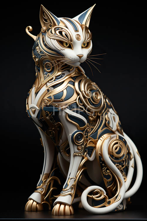 baroqueinspired white cat sculpture with gilded gold accents and intricate cobalt swirls