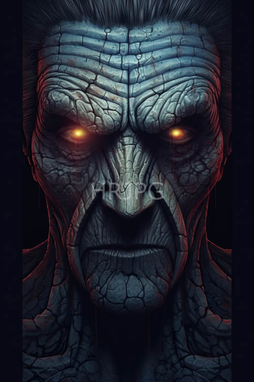 piercing orange eyes glow from dark shadowy ancient humanoid faces