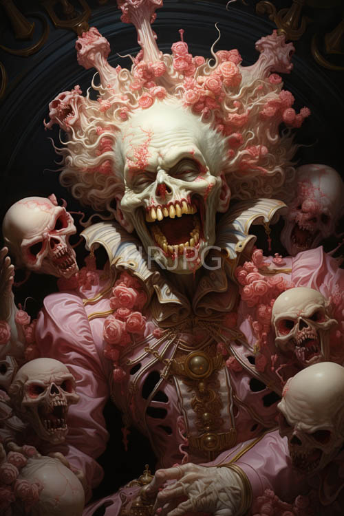 grotesque pale figure with crimson stained teeth and neon pink roses in grim dark fantasy art