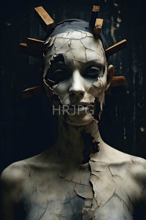 androgynous figure in ceramic masquerade amidst pitchblack protruding wooden sticks