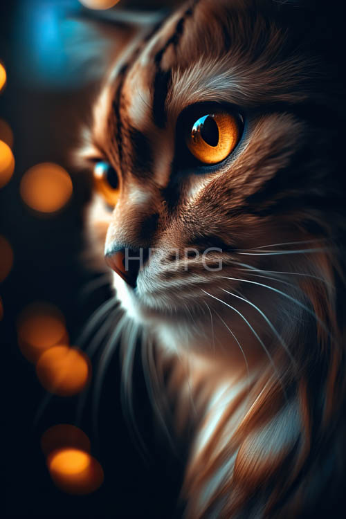intimate of a majestic brown tabby cat in a dramatic ornate setting with intricate bokeh lights