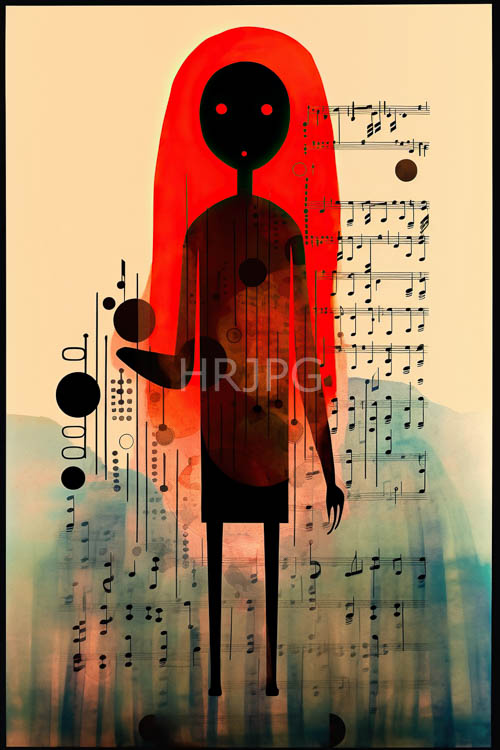 abstract black figure embracing red shock of hair in art