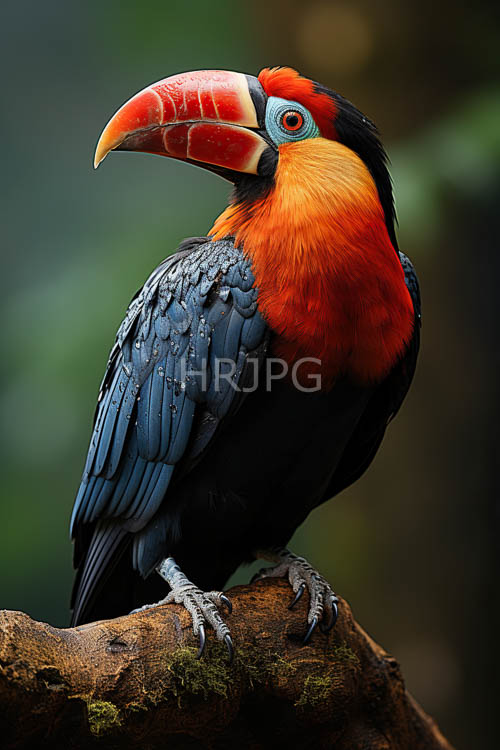 High Resolution: Exotic Hornbill Displays Striking Plumage Against Misty Jungle Canopy Deep Blue Gray Feathers download. | HRJPG.com