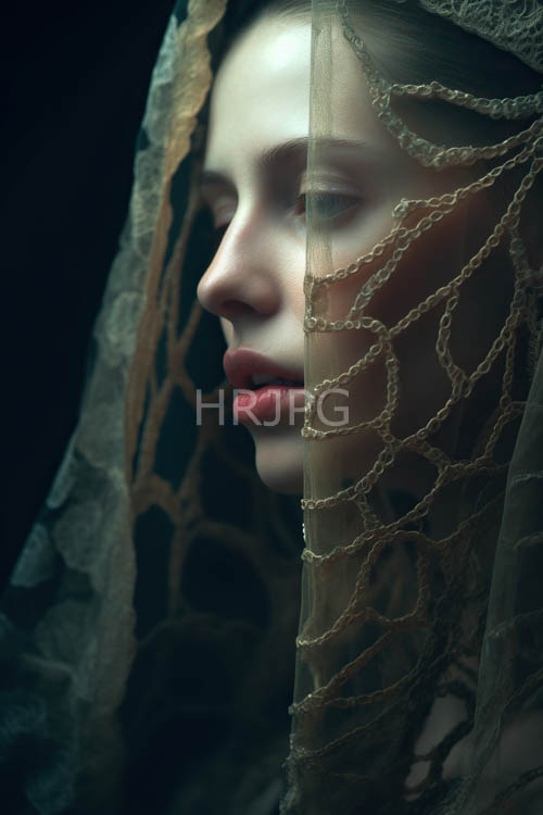 moody paleskinned woman with red lips against dark background with lace veil