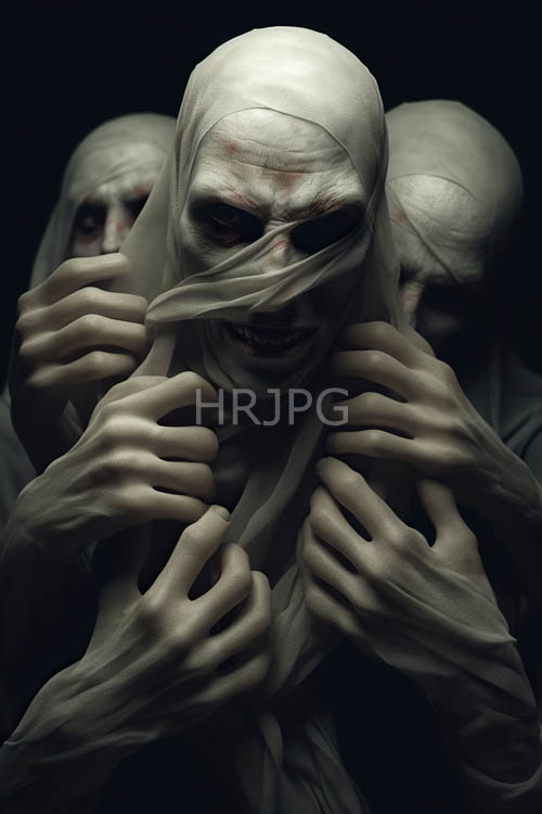 macabre horror presence emerges from black void via textured fabric and bonelike features