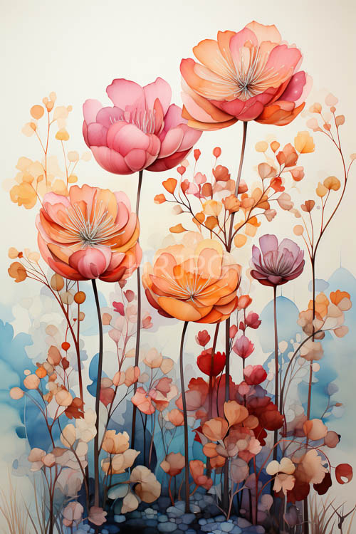 watercolor nature with delicate architecture and elegant flowers in modern setting