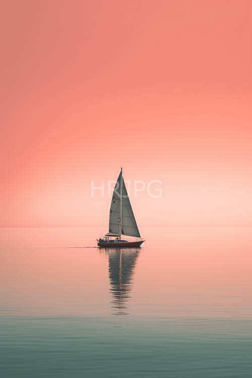 solitary sailboat sits centered in glassy coastal waters at dusk