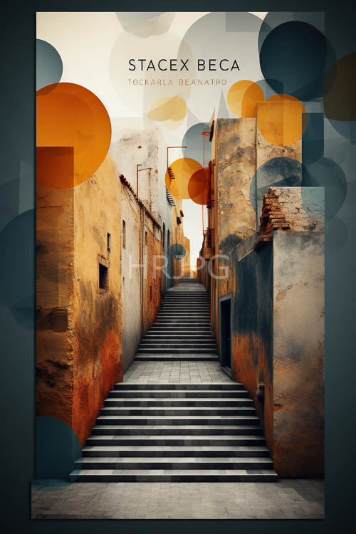 nostalgic decay of weathered yellow and blue walls ascends to sunlit staircase