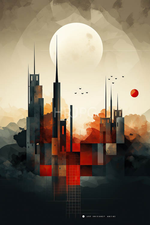 surreal geometric cityscape under dual suns at dusk with towering skyscrapers