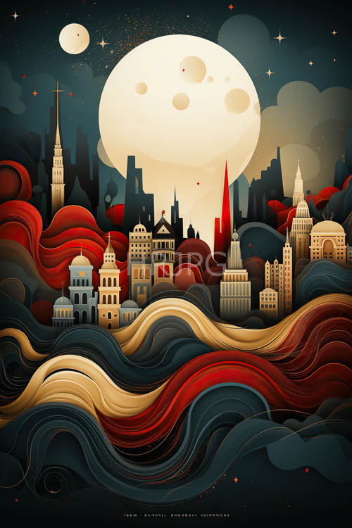 abstract night cityscape with ebb and flow of red and gold wave motif