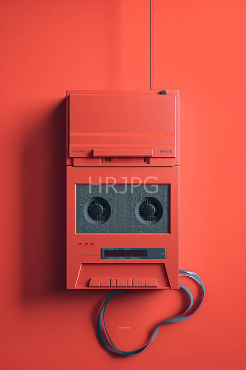 retro aesthetic orange vintage cassette player against solid red background